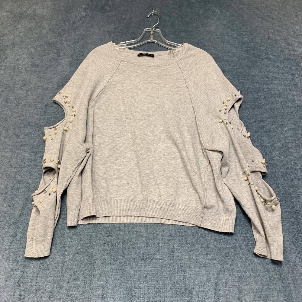 ZARA Knit Sweater Womens S Heather Gray Down Shoulder Embellished Cut Out Sleeve